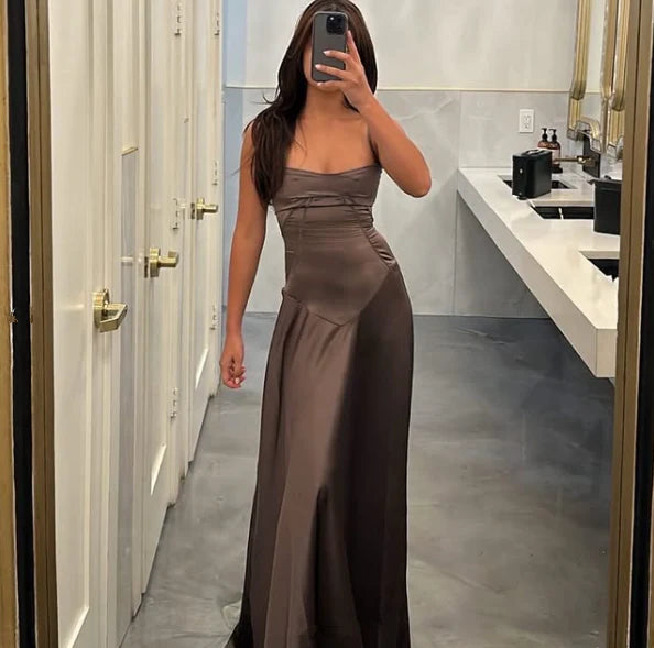 Simple Brown Spaghetti Straps A Line Prom Dress Party Dress nv1713