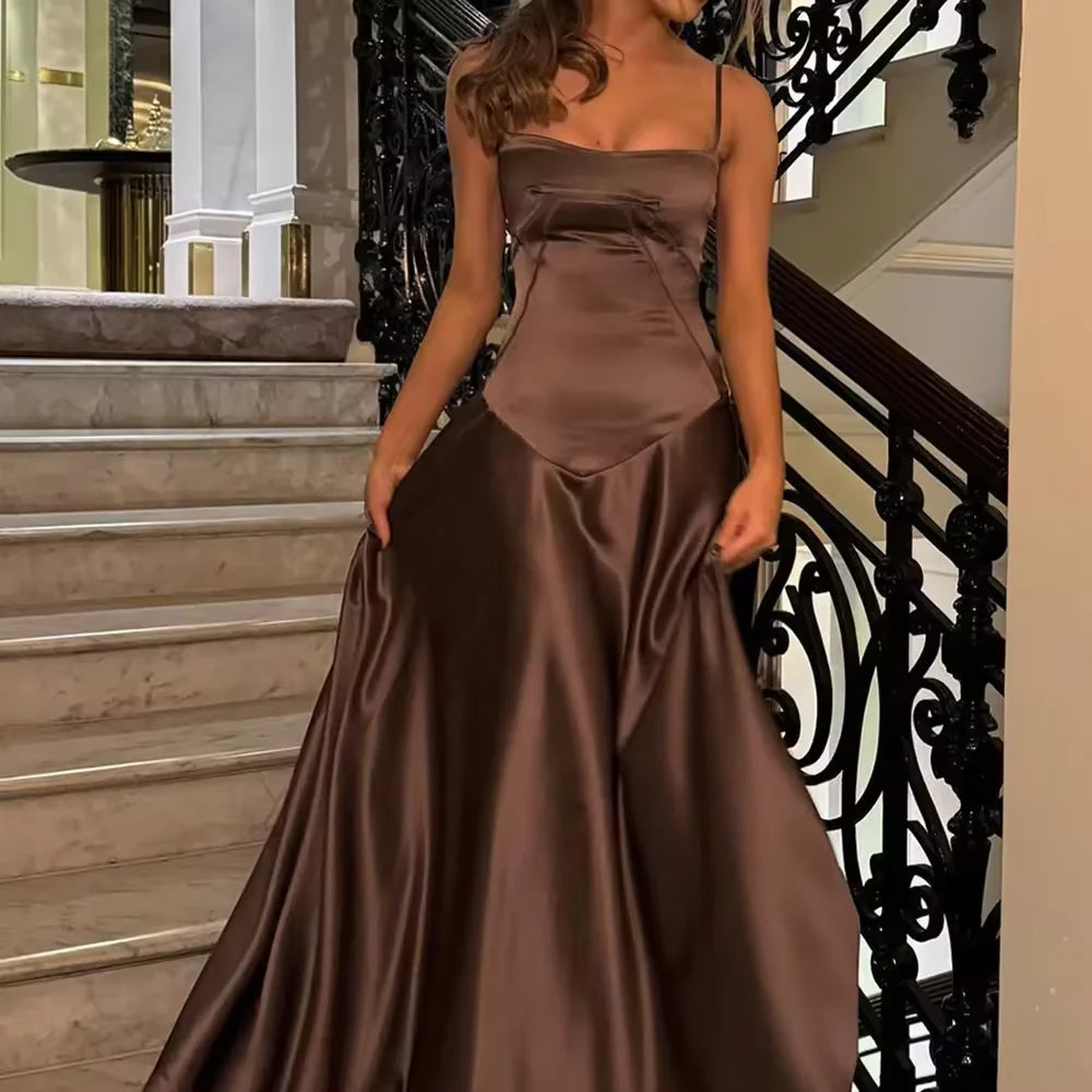 Simple Brown Spaghetti Straps A Line Prom Dress Party Dress nv1713