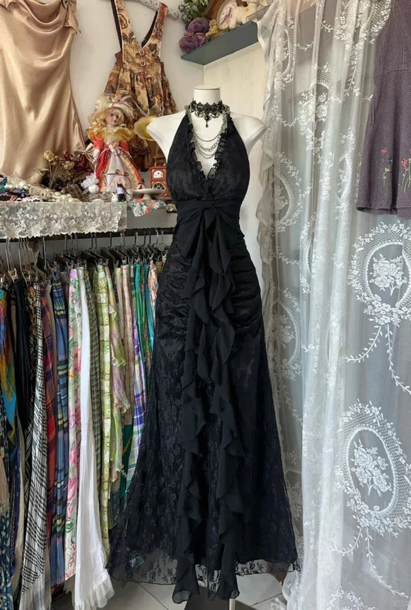 Black Vintage Fashion Lace Suspender V Neck Long Prom Gown Evening Dress Party Dress nv3623