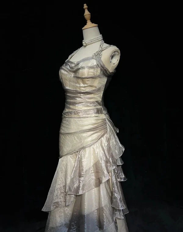 Champagne Retro Fashion Elegant Long Exquisite Lace Tulle Ball Gown New Evening Gown Graduation Gown Prom Gown nv3848
