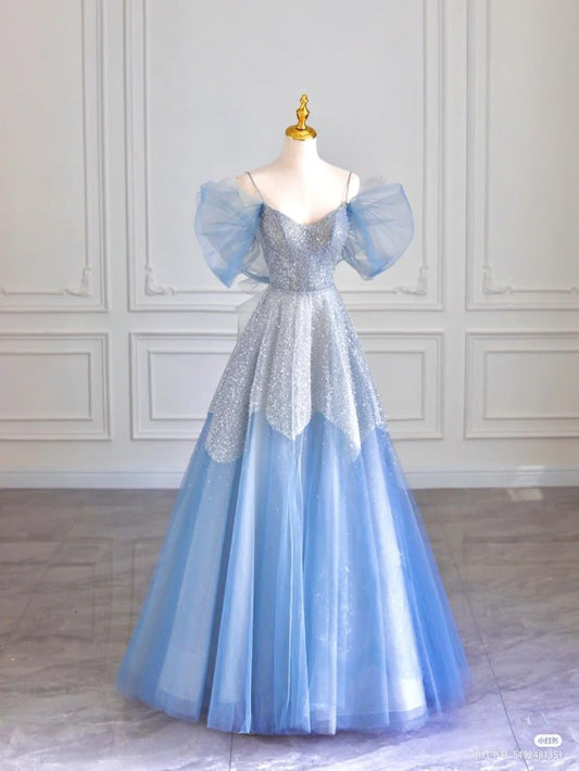 Light blue shiny elegant sweetheart neckline spaghetti straps short sleeves long tulle sequined ball gown evening dress graduation dress nv3784