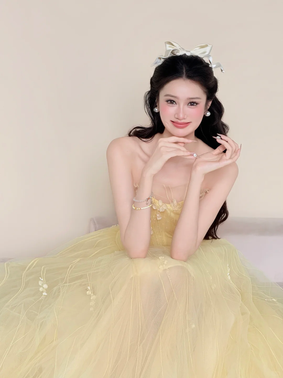 Strapless Pale Yellow Pearl Beaded Fairy Tulle Ball Gown Prom Dress NV7422