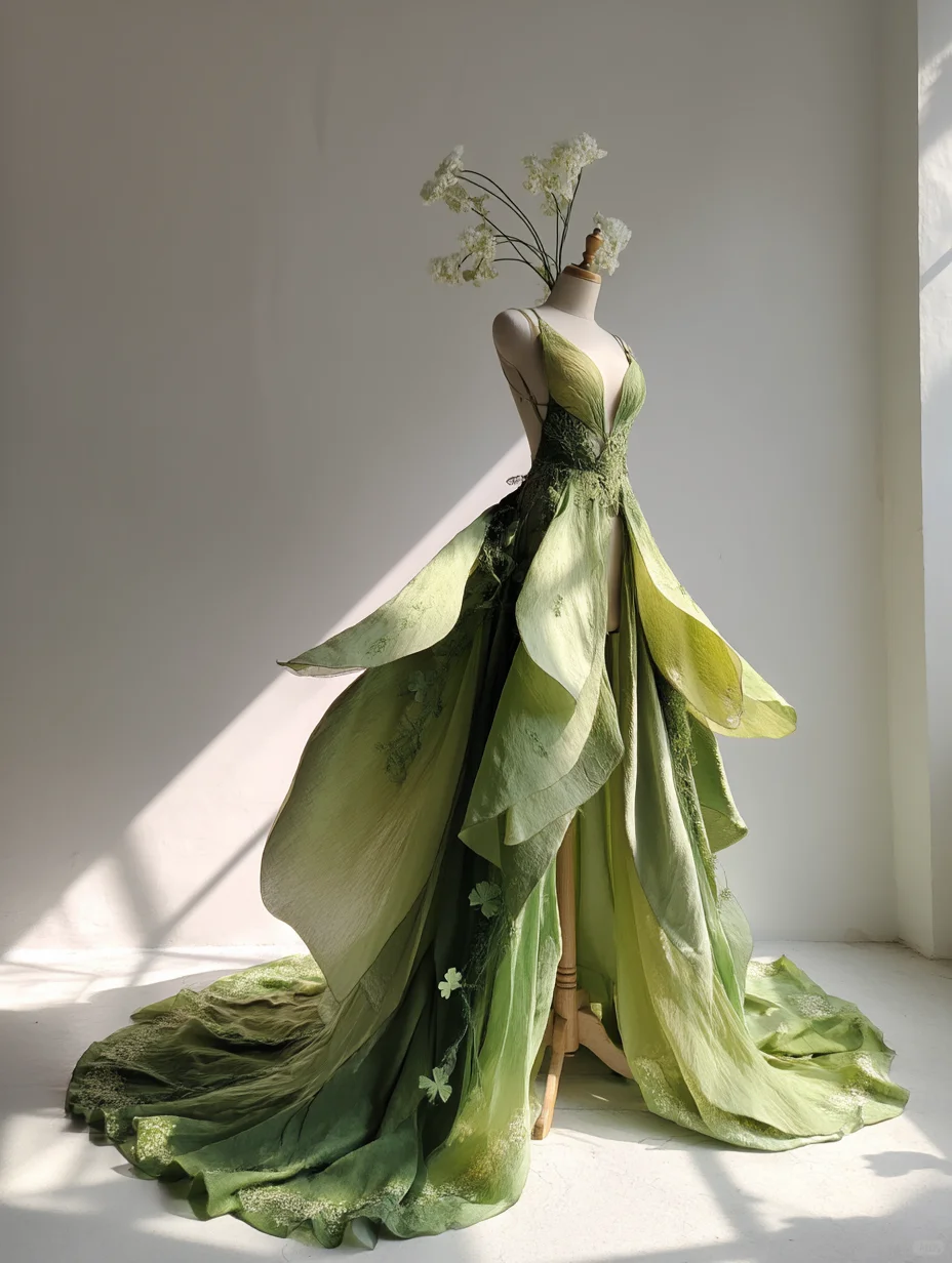 Gradient Green Fairy Petal Gown with Deep V Spaghetti Strap and Long Train NV7495