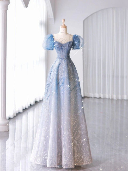 Light blue shiny elegant sweetheart neckline exquisite beading short sleeve long tulle ball gown evening dress graduation dress nv3785