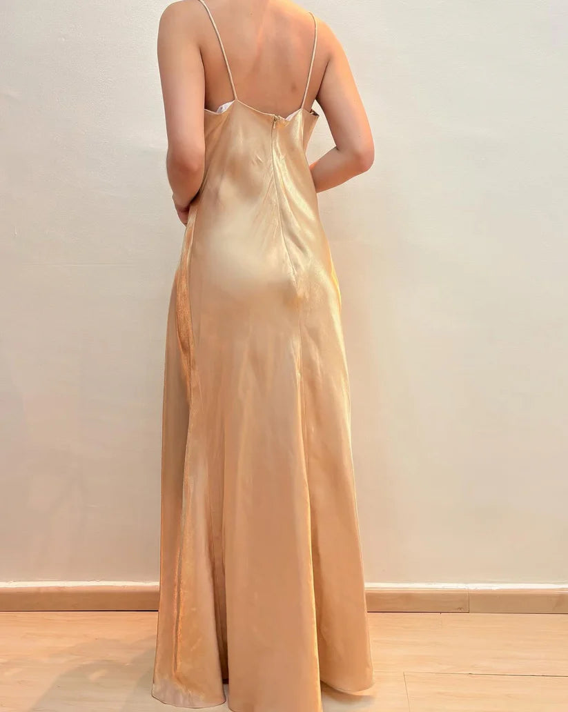 NiceVestidos--Exquisite floral beaded fairy dress sleeveless champagne satin A-line floor-length evening gown with spaghetti straps prom dress NV5774