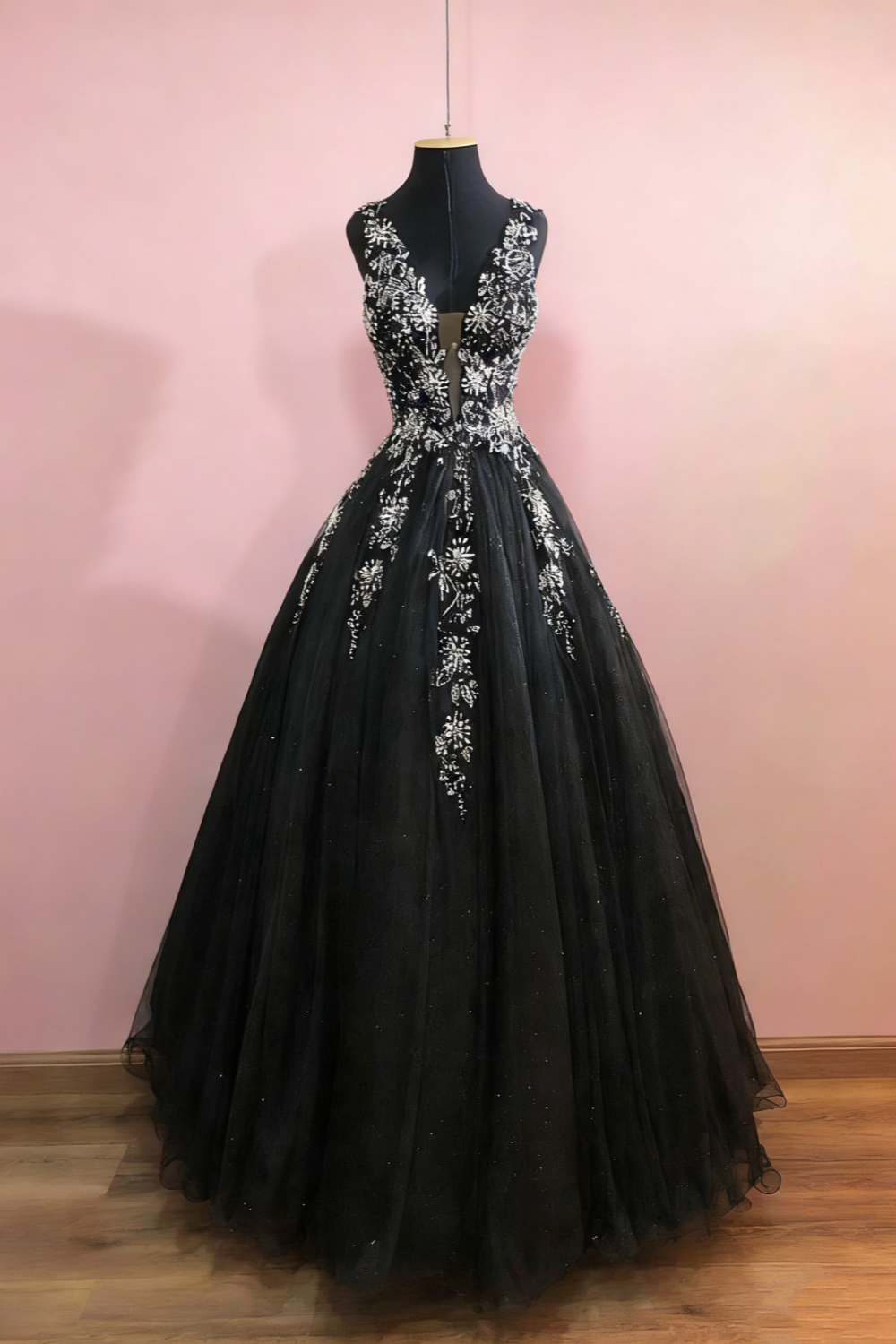 Black Tulle Beaded Deep V Gown - Spaghetti Strap Glitter Ballgown Evening/Ball/Red Carpet Maxi Dress NV6802