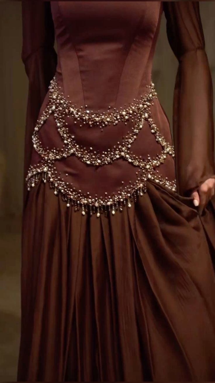 NiceVestidos--Luxurious Dark Brown Satin Chiffon Spliced Square Neck Beaded Flared Sleeve Floor Length Gown NV5755