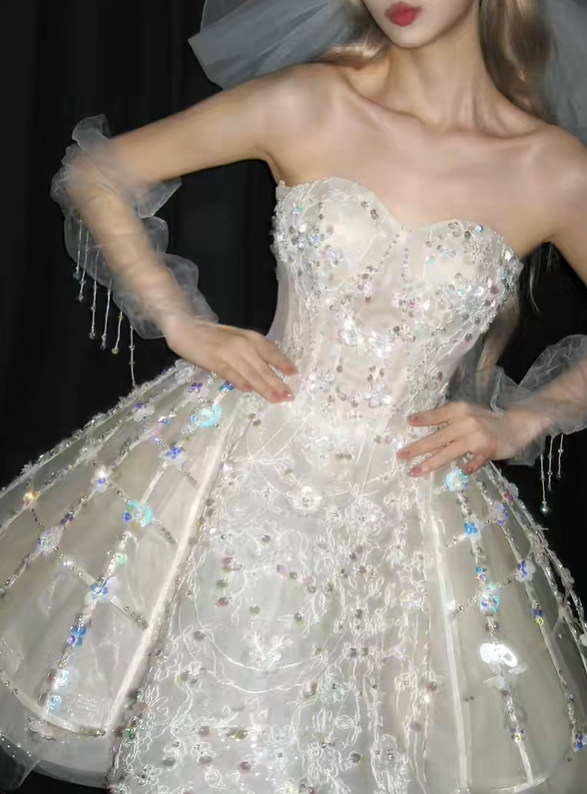 Strapless White Short Prom Dress, Beaded Tulle Princess Evening Gown NV7111