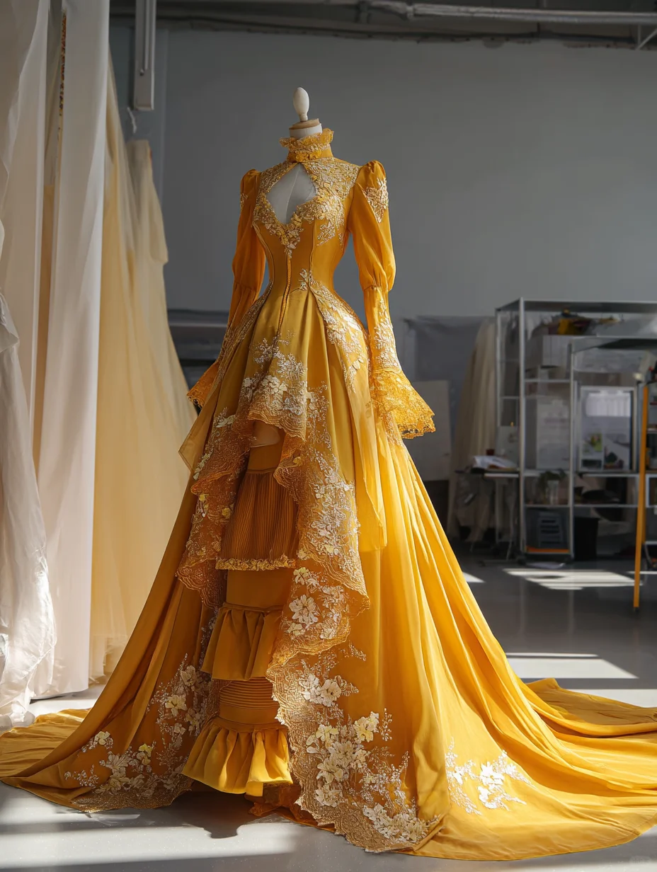 Mustard Yellow Victorian Lace Ball Gown with Keyhole Neck and Long Train NV7488