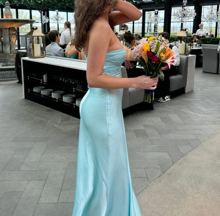 Blue Fashion Pleated Long Satin Ball Gown Evening Dress nv3317