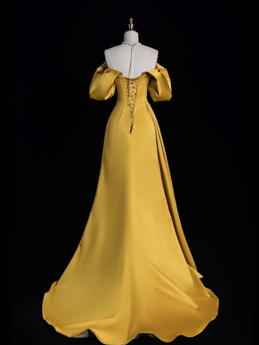 Gold Satin Off Shoulder A-Line Ball Gown Party Dress Evening Gown nv4277