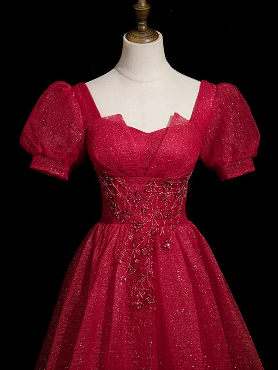Burgundy Beaded Short Sleeve A-Line Party Dress Tulle Long Prom Dress Evening Dress nv4280