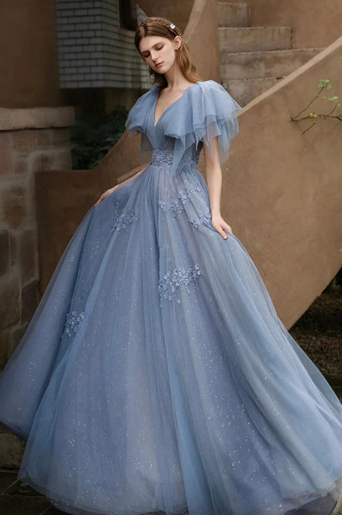 Blue Tulle Long A-Line Prom Dress, Cute V-Neck Evening Party Dress nv1594