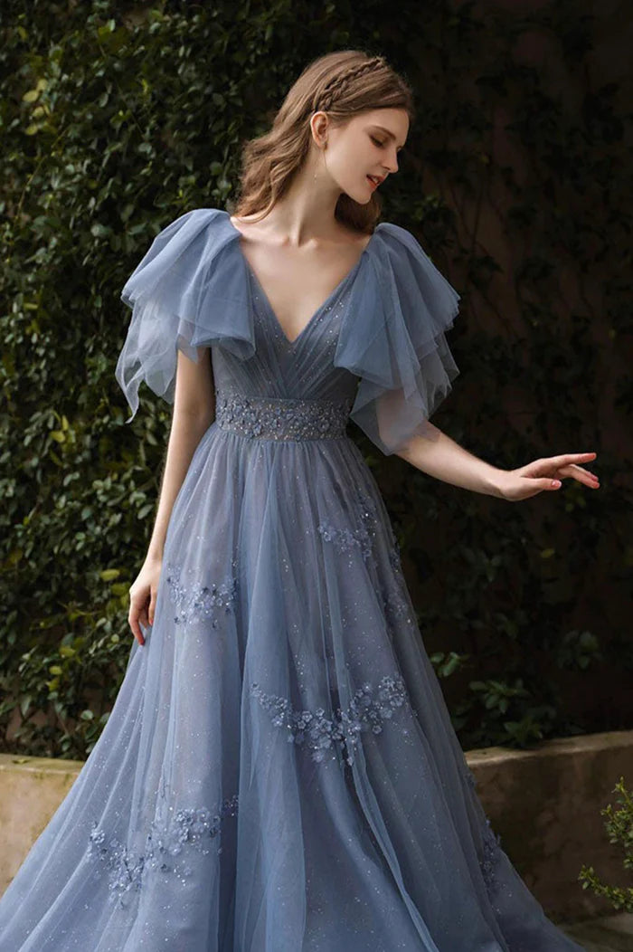 Blue Tulle Long A-Line Prom Dress, Cute V-Neck Evening Party Dress nv1594