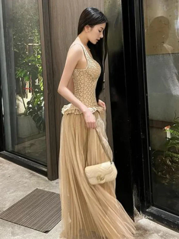 Champagne Elegant Round Neck Sleeveless Mermaid Long Chiffon prom dress Evening Dress Party Dress nv3748