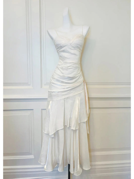 White simple fashion long spaghetti strap satin prom dress nv5423
