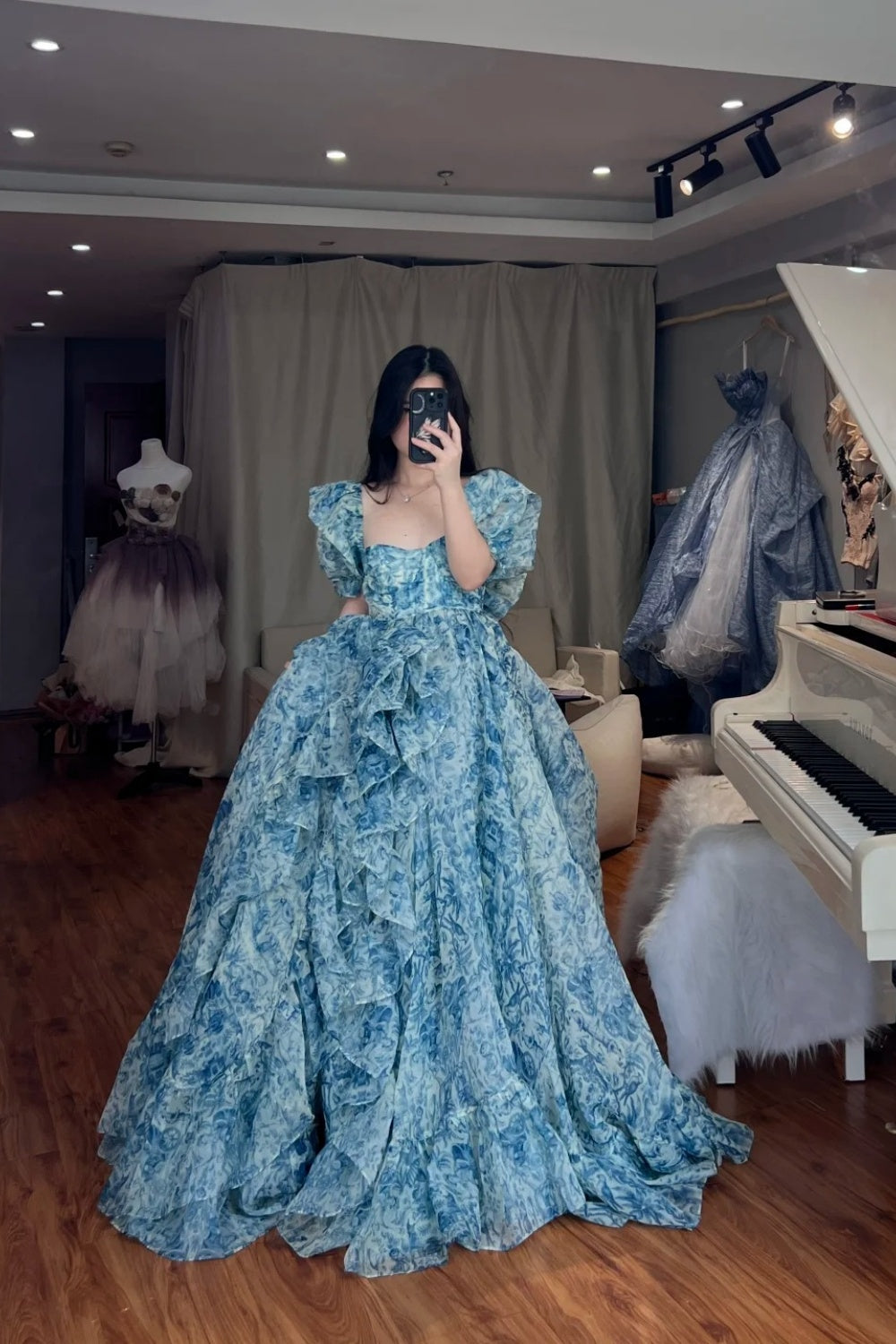 Blue floral long tulle dress NV6652