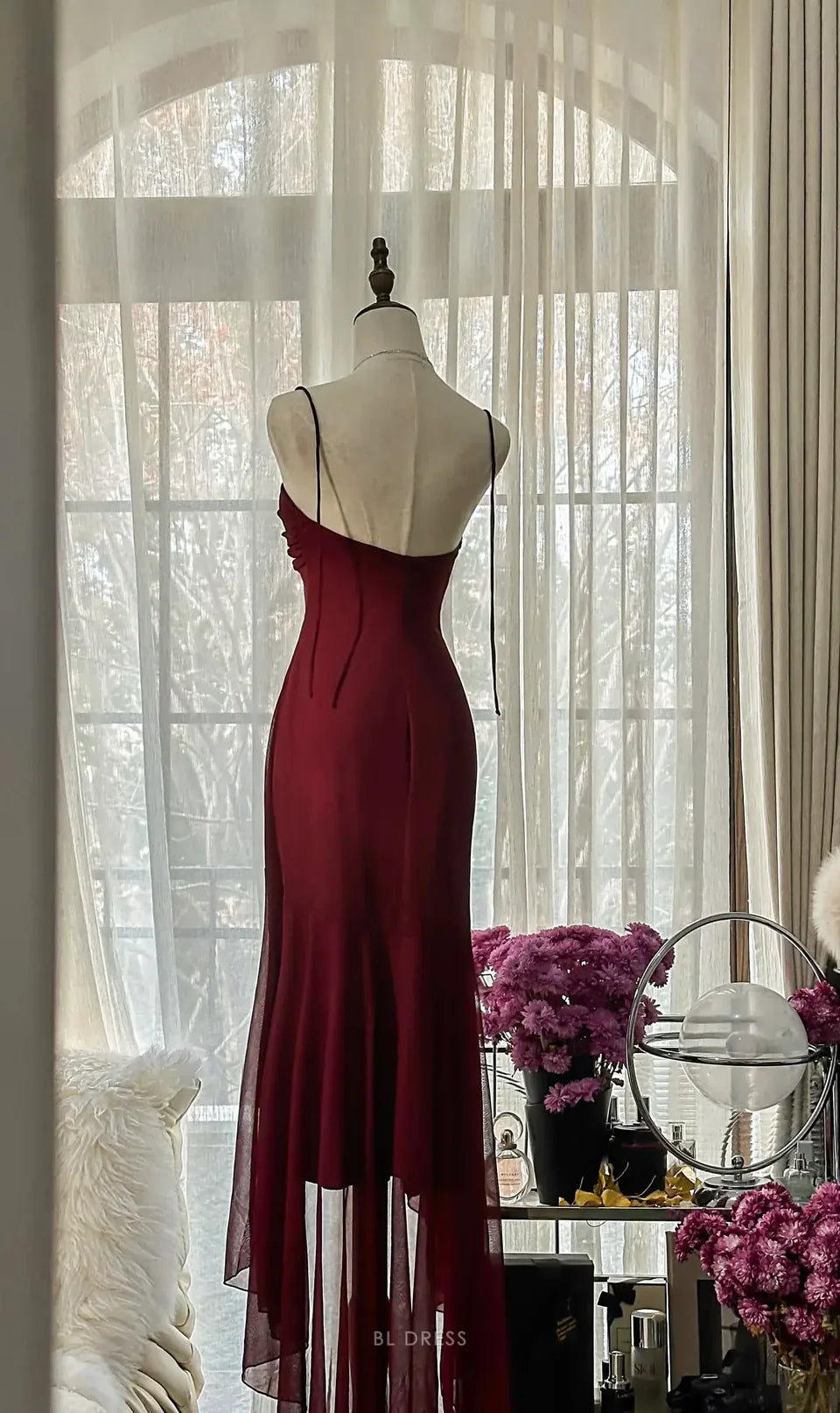 Burgundy Pretty Elegant Mermaid Long Chiffon Wedding Bridesmaid Dresses Evening Dress Birthday Party Ball Dress Prom Dress nv3986