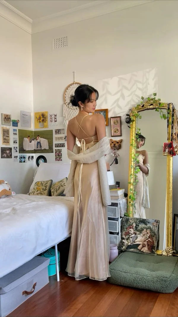 Champagne Color Halter Backless Retro Long Evening Dress Prom Dress Party Dress nv1930