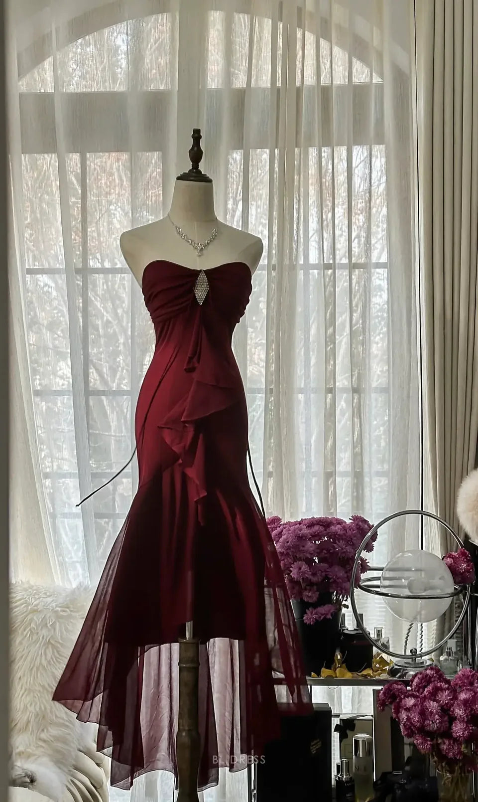 Burgundy Pretty Elegant Mermaid Long Chiffon Wedding Bridesmaid Dresses Evening Dress Birthday Party Ball Dress Prom Dress nv3986