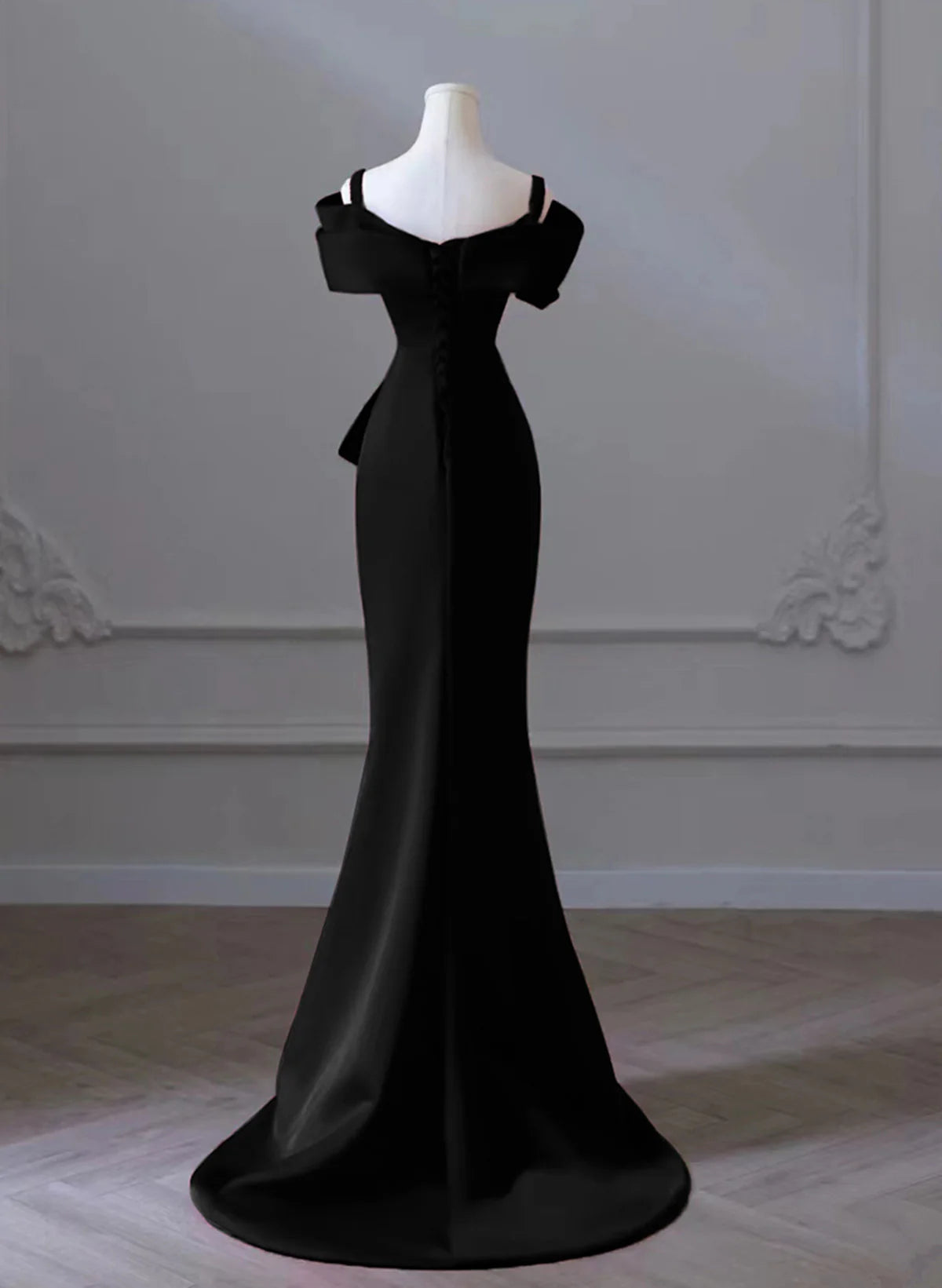 Black Mermaid Sweetheart Off Shoulder Prom Dress, Black Satin Evening Dress nv1660