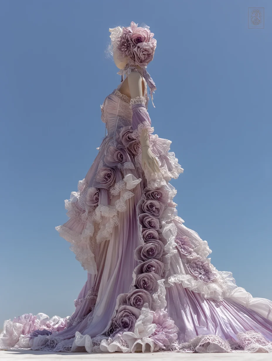 Lavender Gradient Lolita Rose Gown with 3D Roses & Lace Ruffles NV7511