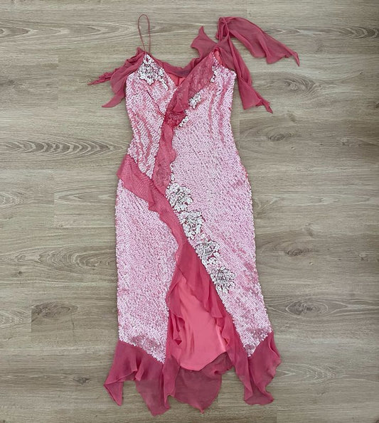 Pink Gorgeous Shiny Long Elegant Ruffle Sequin Ball Gown Evening Dress Party Dress nv3399