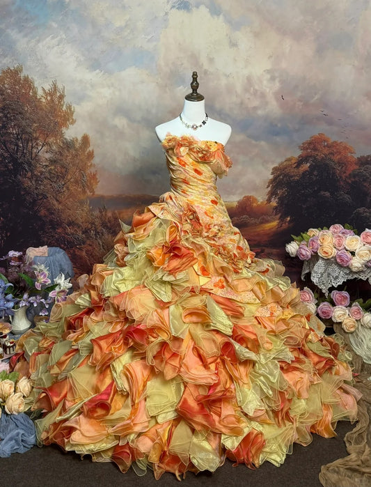 Yellow orange bright and lively candy color vintage beaded long tulle ball gown nv5145