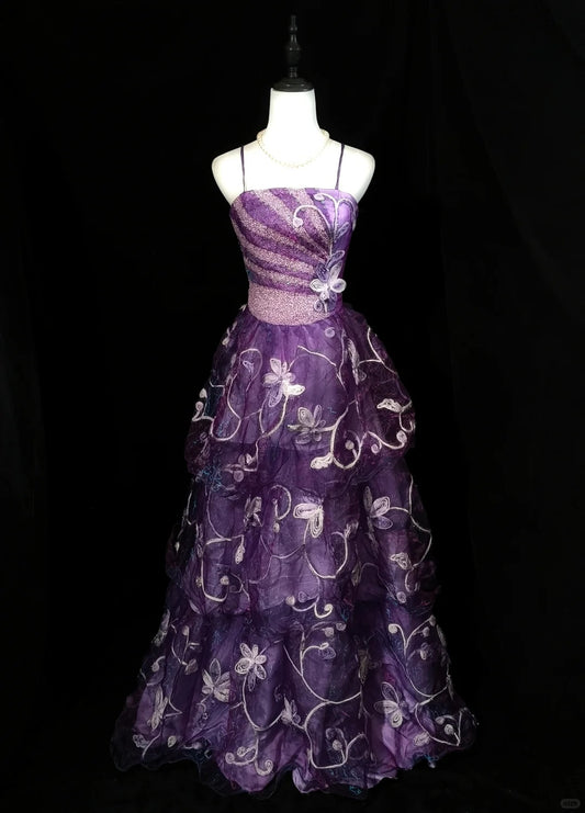 Purple Beaded Floral Elegant Long Tulle Ball Gown Evening Dress nv4784