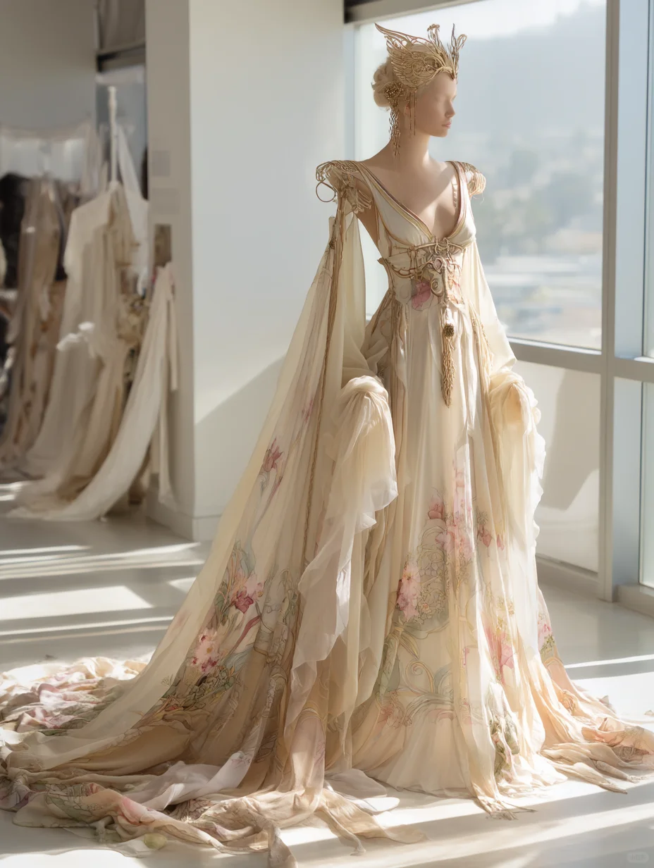 Cream Oriental Fairy Chiffon Gown with Cape Sleeves and Floral Print NV7508