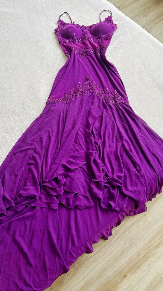 Purple Beaded Long Chiffon Ball Gown Evening Dress Wedding Guest Party Dress nv4486