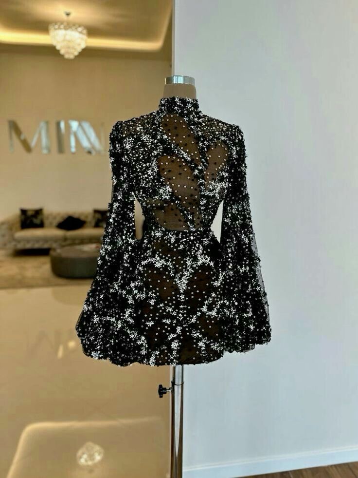 Black gorgeous fashion unique shiny sequins short long sleeve see-through ball gown evening dress party dress nv3232