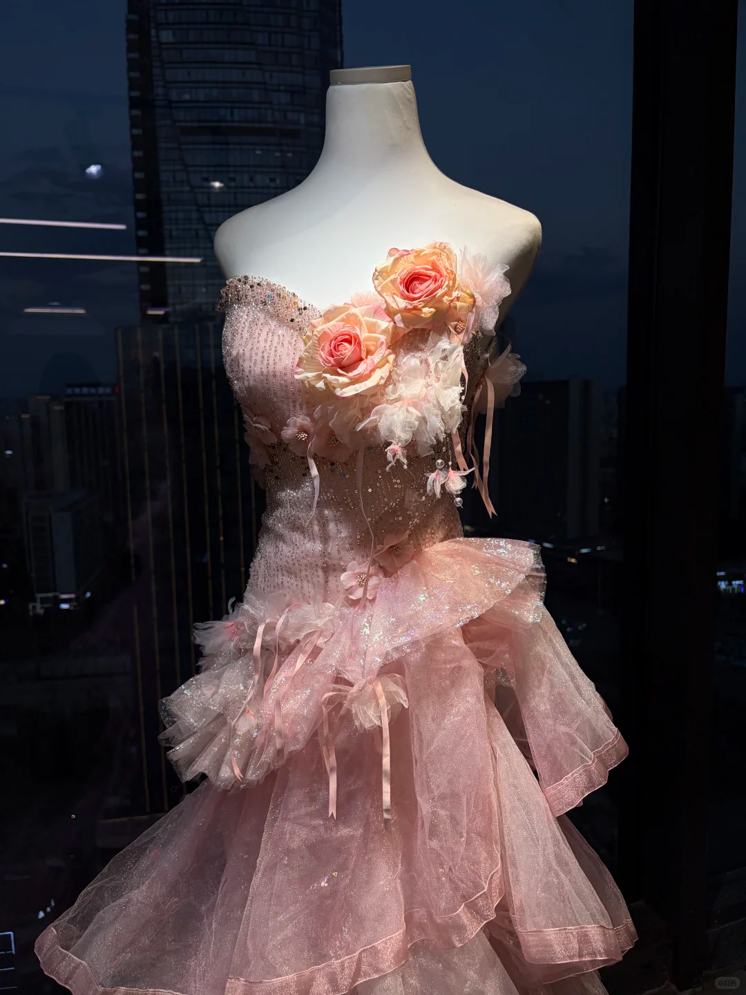 Strapless Pink Mermaid Prom Dress Hand Beaded Rhinestone 3D Flower Tiered Glitter Tulle Train NV7038