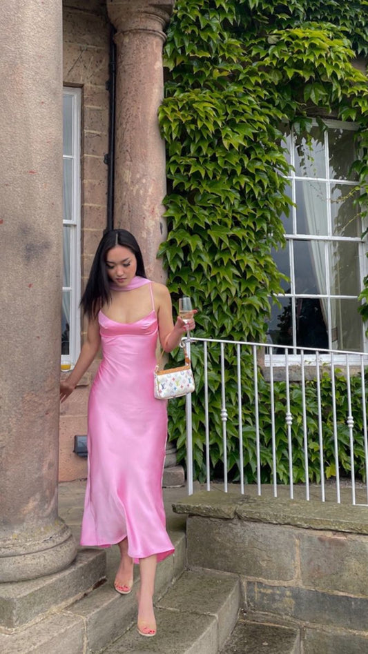 Pink Fashion Elegant Spaghetti Strap Long Satin Ball Gown Evening Dress Wedding Guest Party Dress Prom Dress nv4026