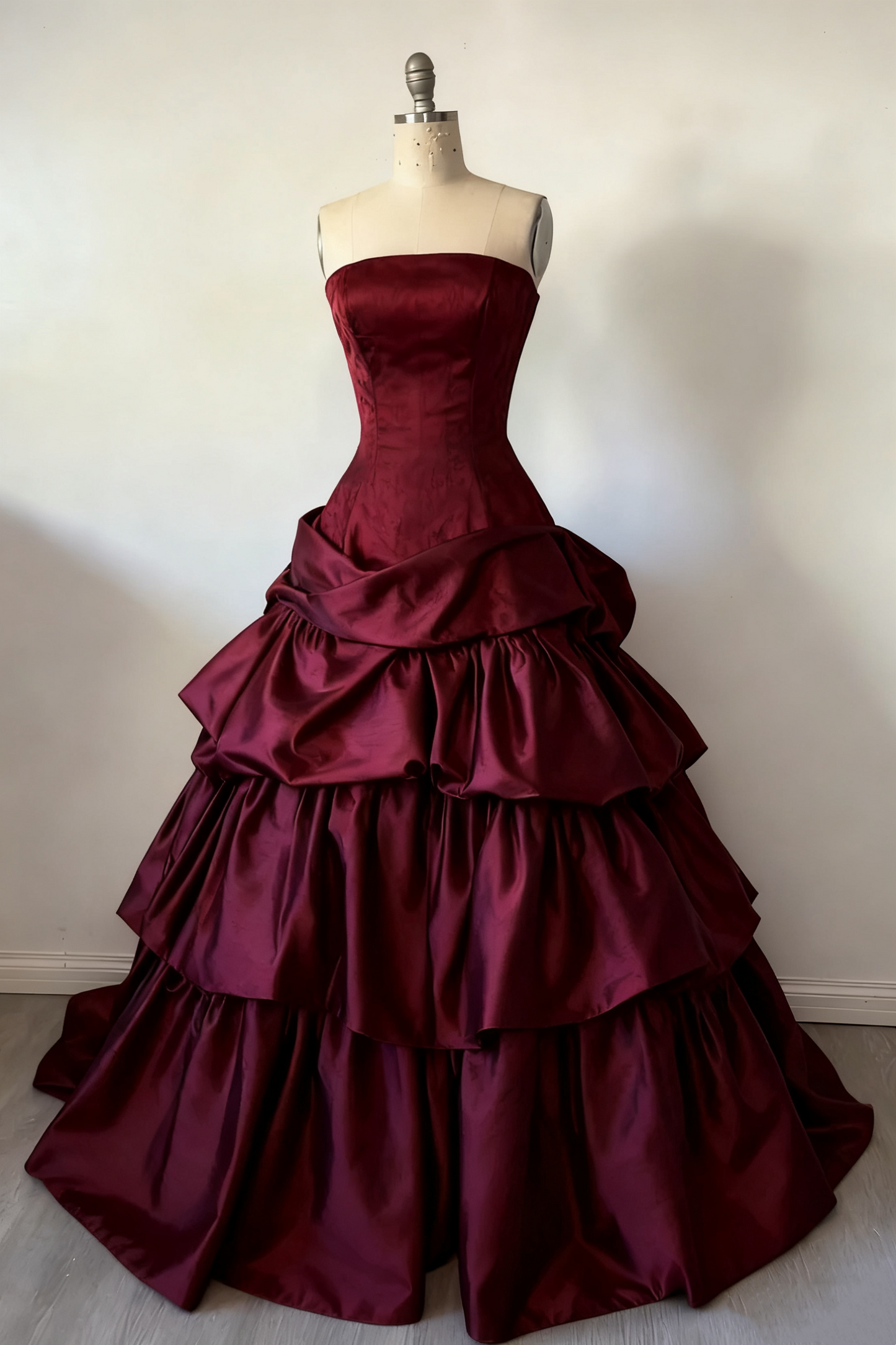 (Exclusive Original Design Dress)Sleeveless Burgundy Satin Train Ball Gown | Luxury Elegant Strapless Tiered Maxi Dress for Gala Ball NV6296
