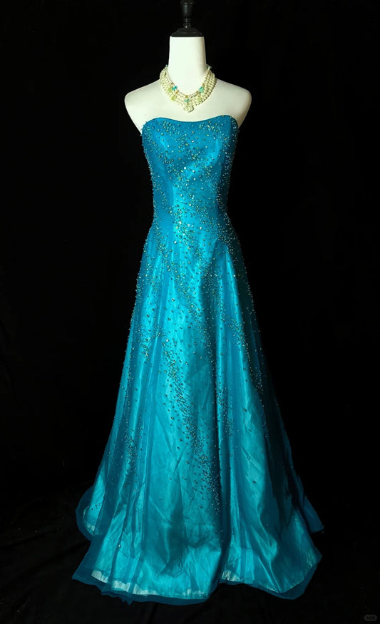 Blue beaded elegant long tulle ball gown evening dress nv4781