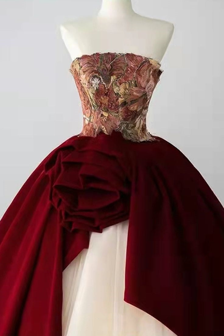 Red gorgeous exquisite floral tube top long ball gown evening dress nv3331