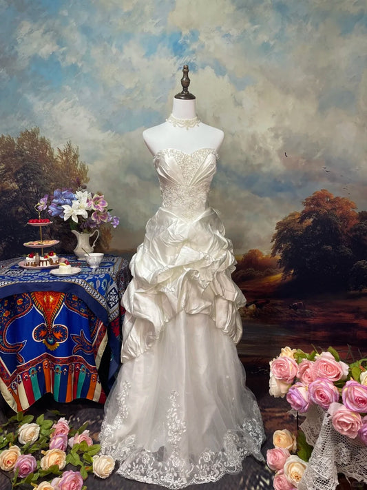 Ivory White Gorgeous Fashion Elegant Floral Exquisite Beading lace Long Satin Tulle Ball Gown Evening Gown Wedding Dress nv4063