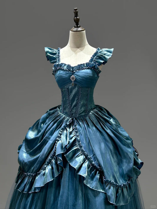 Light Blue Mysterious Vintage Fashion Elegant Long Satin Floor Length Ball Gown Evening Dress Party Dress nv4194