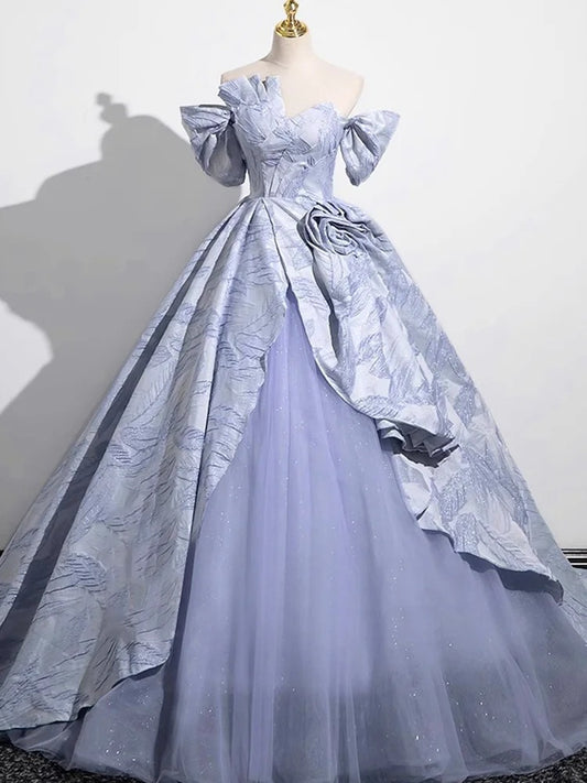 Blue Elegant Floral Long Satin Tulle Ball Gown Evening Gown Birthday Gown Wedding Dress nv4156