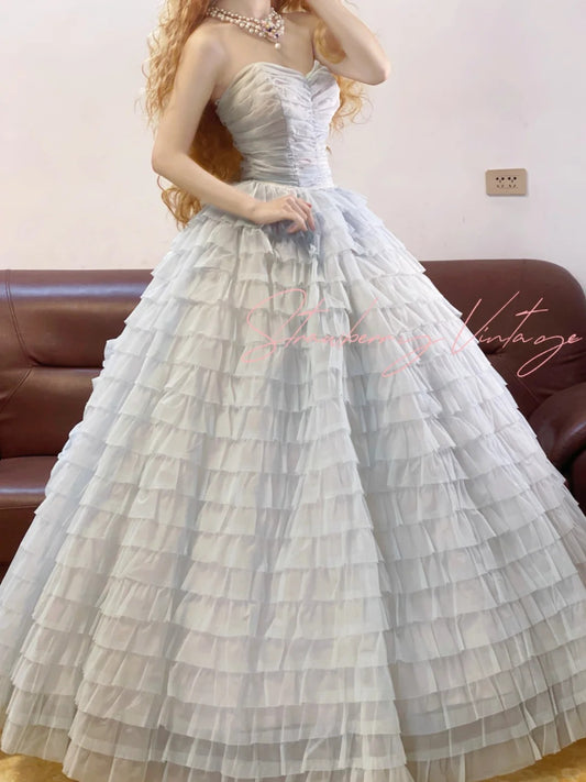 Pink Vintage Elegant Long Layered Princess Tulle Ball Gown nv5028