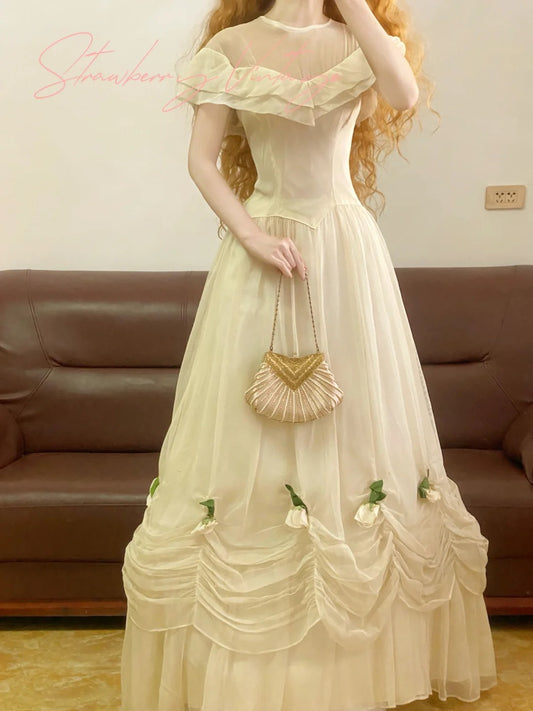 White Vintage Elegant Floral Long Tulle Garden Party Dress nv5015