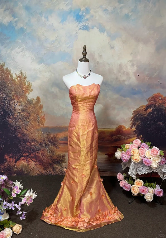 Orange Shiny Elegant Vintage Fashion Exquisite Floral Beaded Long Floor Length Train Ball Gown Evening Gown Prom Dress nv4080