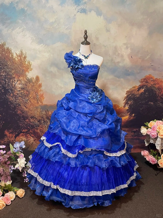 Blue exquisite beaded satin floor-length vintage long ball gown nv5156