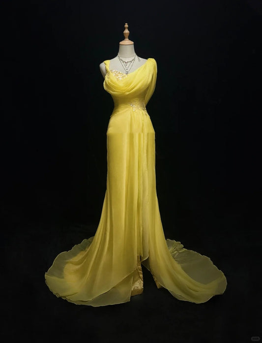 Yellow Beaded Elegant Long Chiffon Prom Dres Evening Gown nv4931