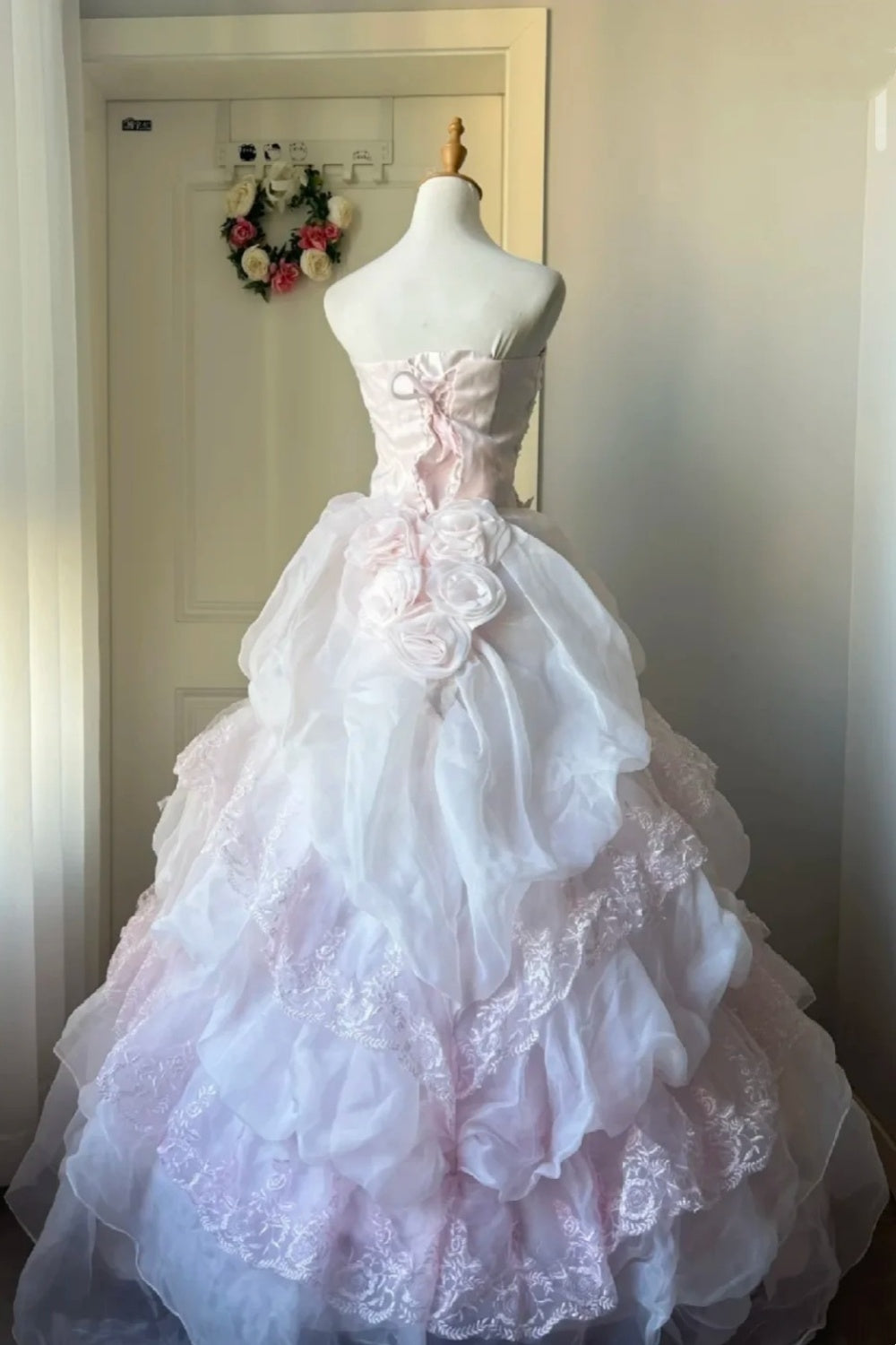 NiceVestidos--Romantic Fairy Tale Style:Pink - White Gradient Organza Bow - Embellished Strapless Floor - Length Ceremony Gown NV5814