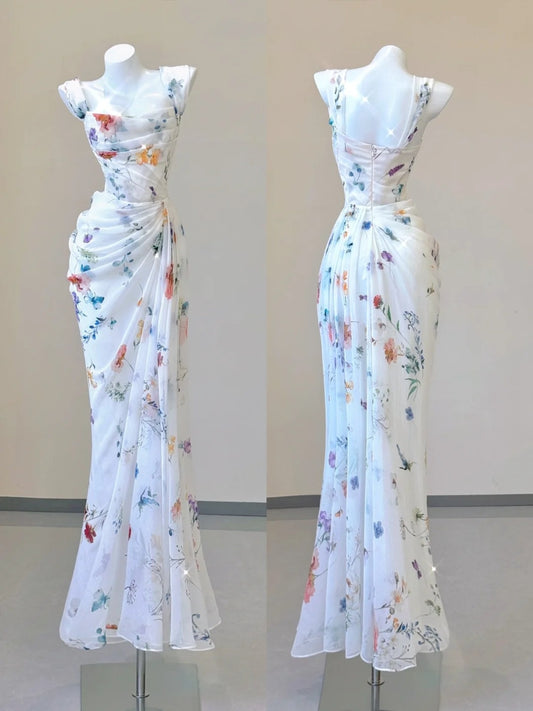 White Floral Elegant Sweet Sophisticated Long Chiffon Ball Gown Evening Dress Party Dress nv4145