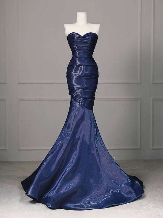 Blue satin mermaid fitted ball gown evening dress nv4437