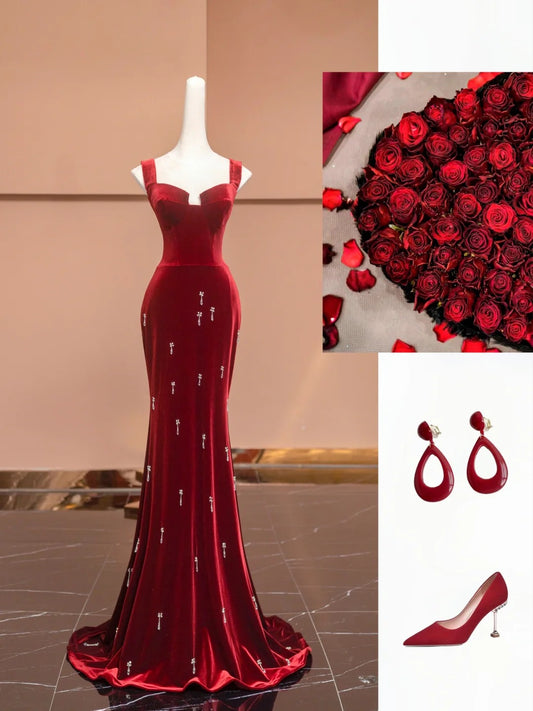 Red Exquisite Beaded Long Velvet Mermaid Slim Prom Dress Evening Dress Party Dress nv4730