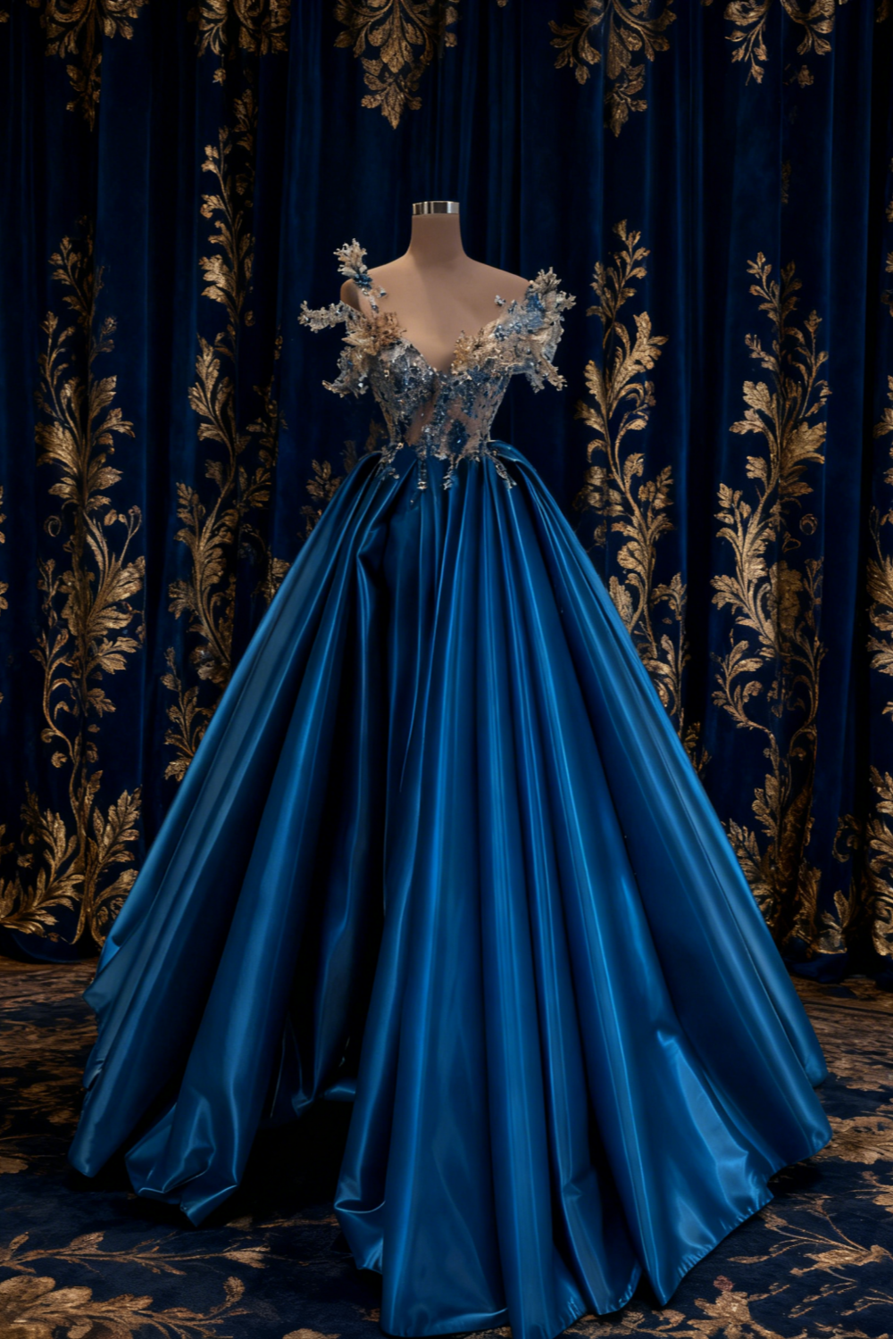 NiceVestidos-Royal Blue Satin Deep V-Neck 3D Beaded-Embellished Floor-Length Court-Style Gown NV6221
